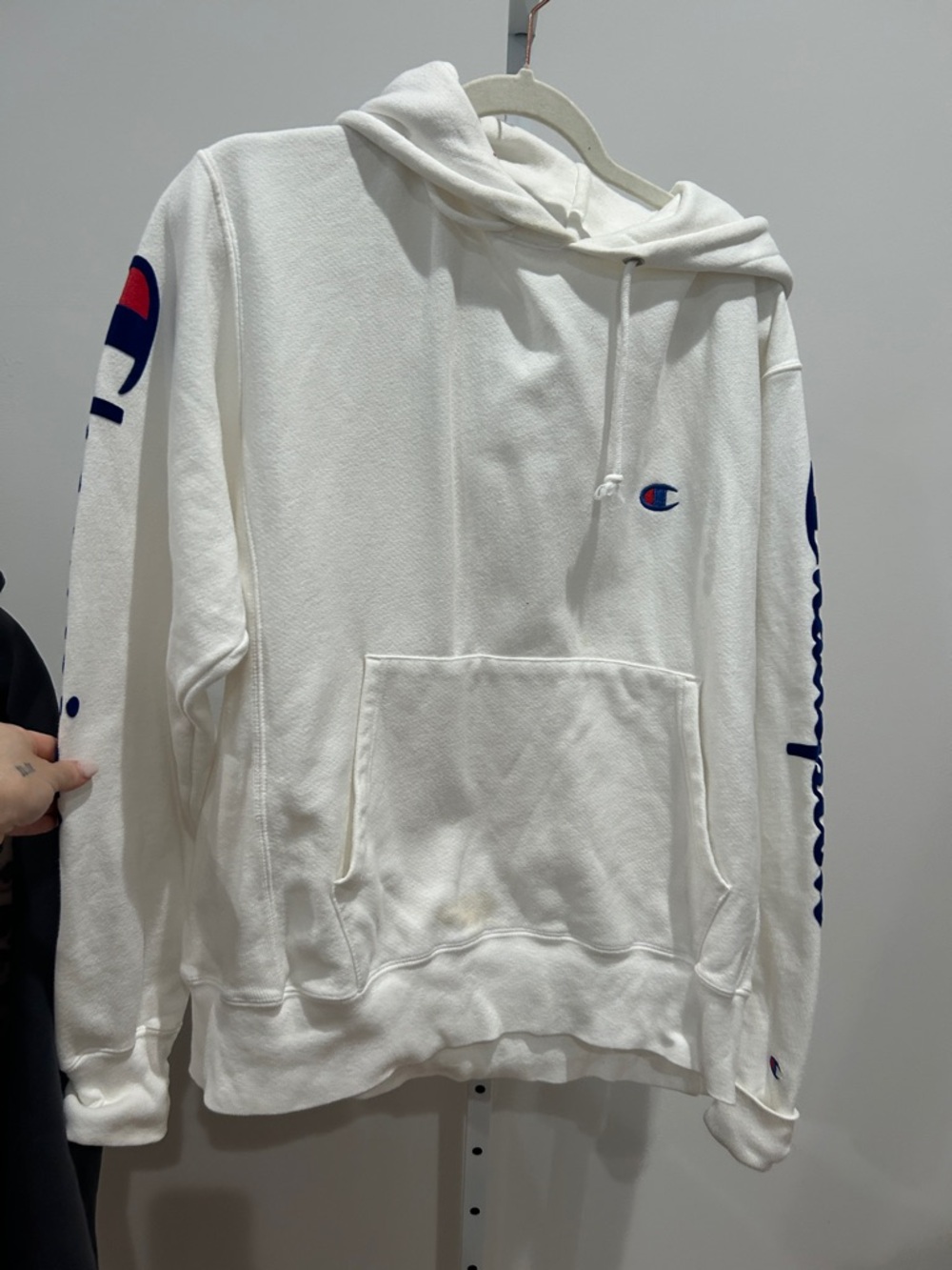 Champion White Hoodie with Navy & Red Logo Sleeve Script